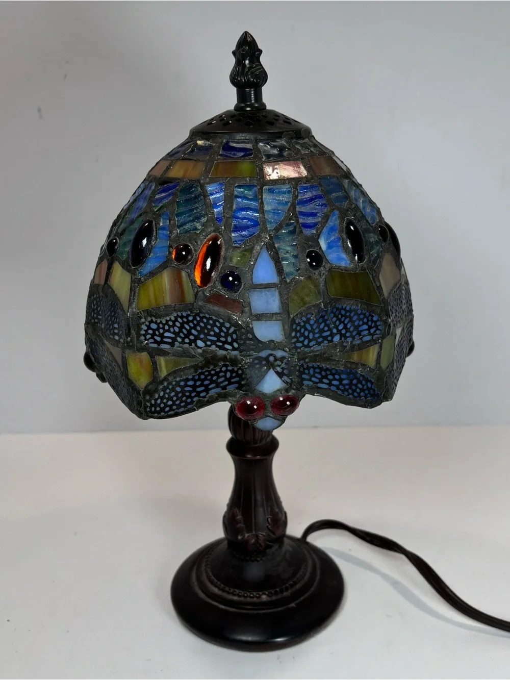 Tiffany Style Stained Glass Lamp Dragonfly Table Boudoir Vintage 12” Cottagecore